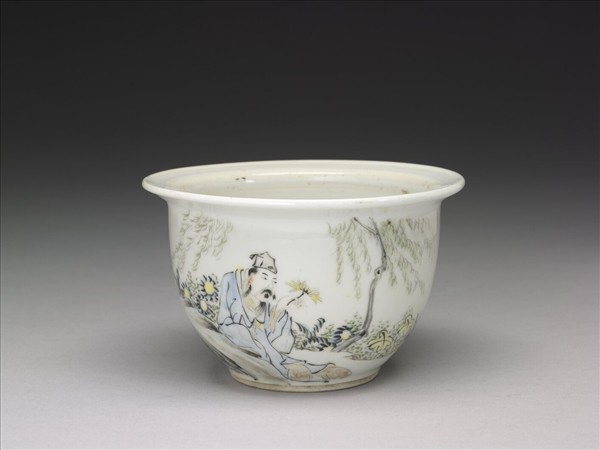 粉彩〈飲酒〉詩意圖花盆