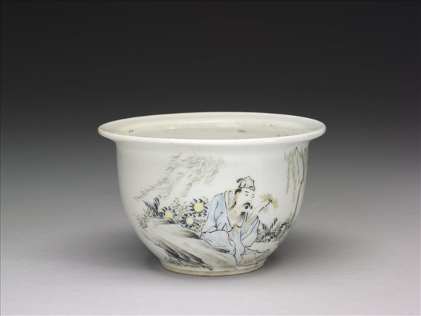 粉彩〈飲酒〉詩意圖花盆