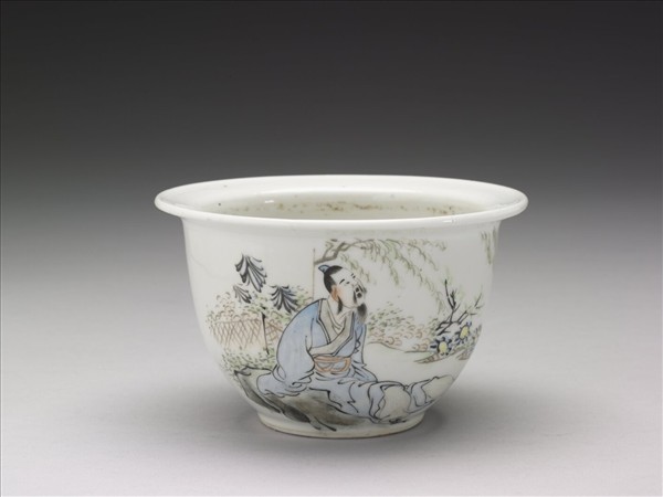 粉彩〈飲酒〉詩意圖花盆