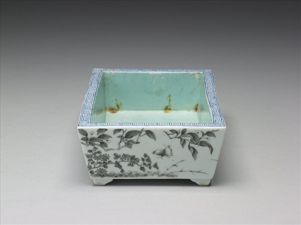 粉彩赭墨園圃圖盆