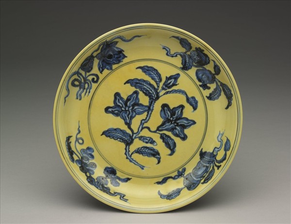 黃釉青花花果盤
