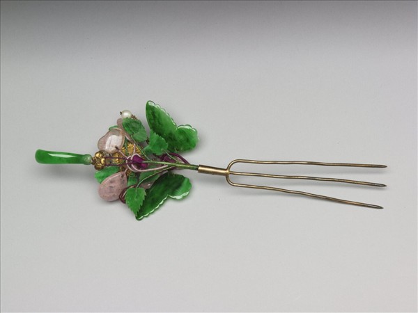 銀鍍金嵌珠花蝶耳挖釵