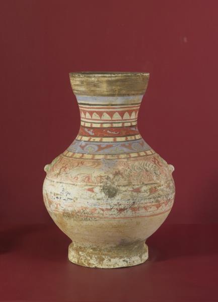 灰陶加彩神獸壺