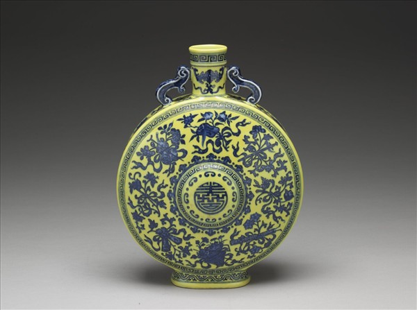 黃地青花八仙祝壽圖雙耳扁壺