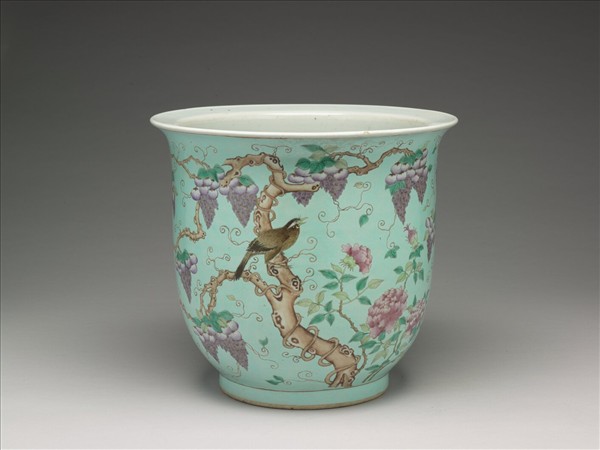 粉彩藤蘿月季花鳥紋盆