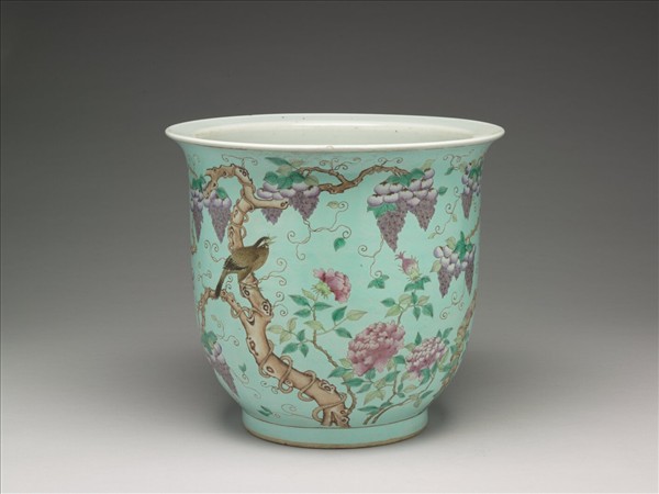 粉彩藤蘿月季花鳥紋盆