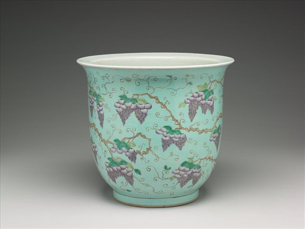 粉彩藤蘿月季花鳥紋盆