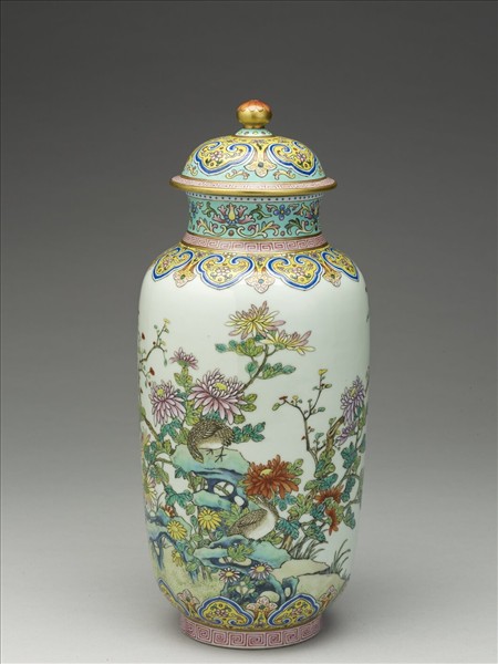 粉彩秋菊鵪鶉圖蓋罐