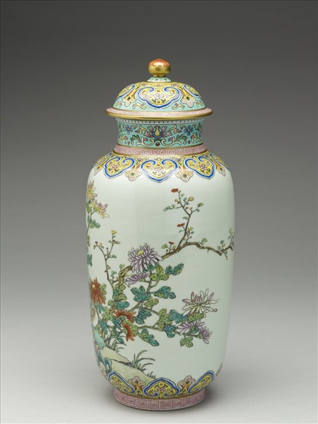 粉彩秋菊鵪鶉圖蓋罐