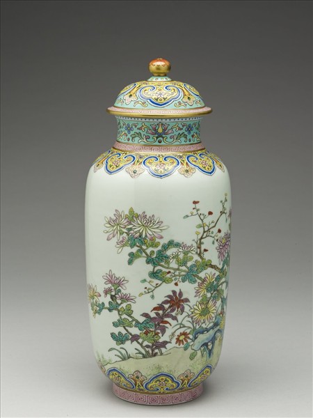 粉彩秋菊鵪鶉圖蓋罐