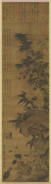 明周之冕花竹鵪鶉　軸