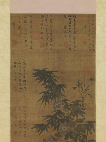 明周之冕花竹鵪鶉　軸