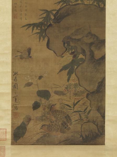 明周之冕花竹鵪鶉　軸