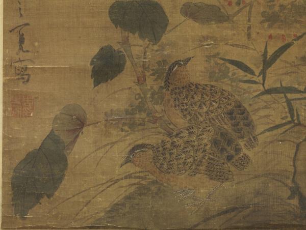 明周之冕花竹鵪鶉　軸