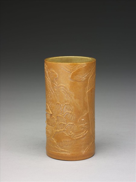 黃釉雕竹筆筒