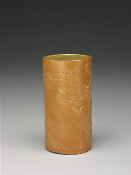 黃釉雕竹筆筒