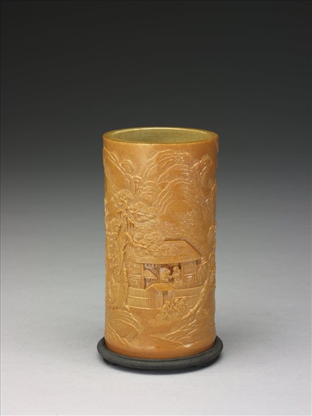 黃釉雕竹筆筒