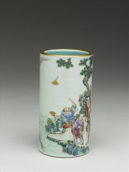 粉彩十八羅漢紋筆筒