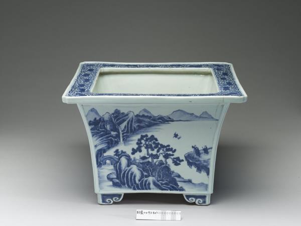 青花山水人物圖四方花盆