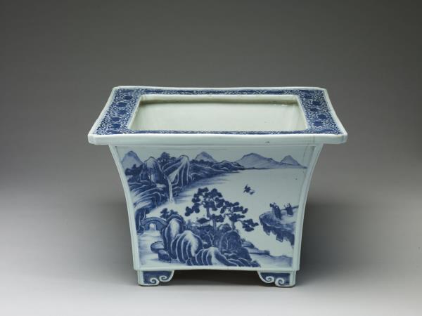 青花山水人物圖四方花盆