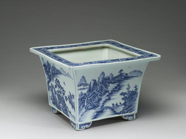 青花山水人物圖四方花盆