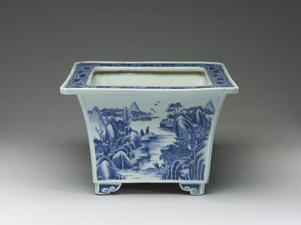 青花山水人物圖四方花盆