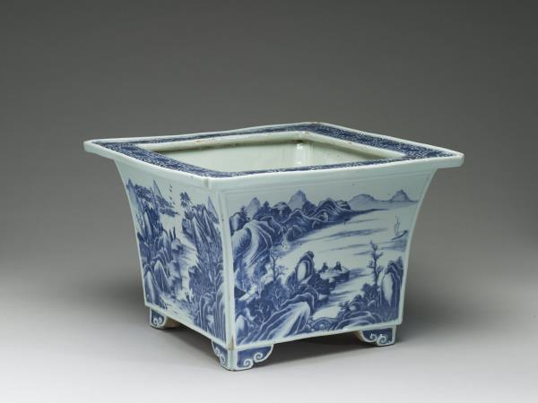 青花山水人物圖四方花盆
