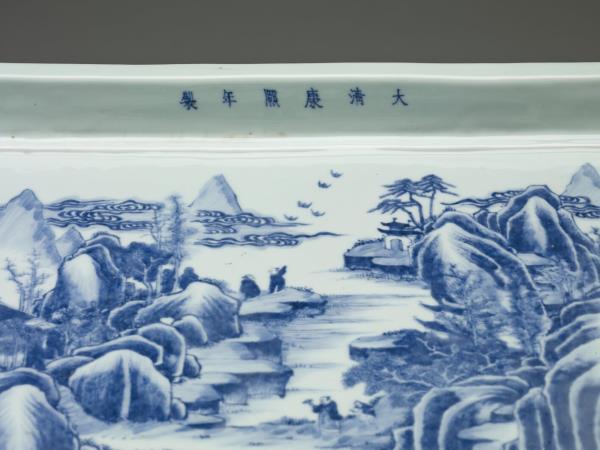 青花山水人物圖四方花盆