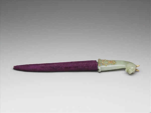 印度 19世紀 白玉柄鑲金嵌寶獸首短劍