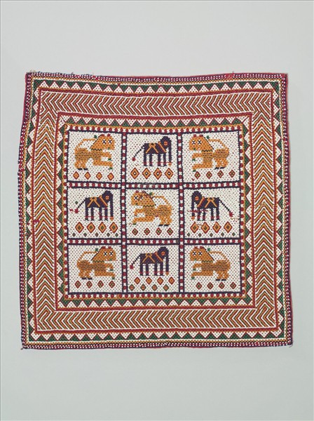 印度 獅象格紋珠繡蓋布