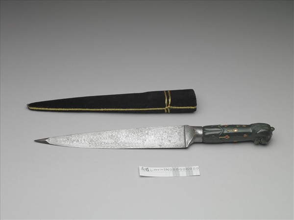 印度 蒙兀兒王朝 青綠玉鑲金嵌紅玻璃虎首短刀