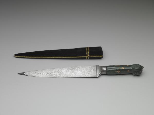 印度蒙兀兒王朝青綠玉鑲金嵌紅玻璃虎首短刀- 故宮