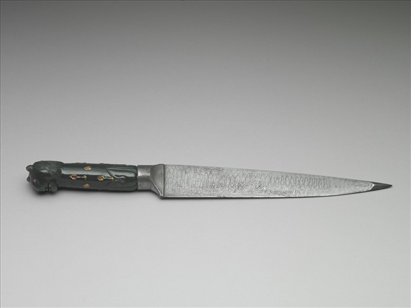 印度 蒙兀兒王朝 青綠玉鑲金嵌紅玻璃虎首短刀