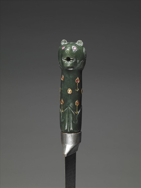 印度 蒙兀兒王朝 青綠玉鑲金嵌紅玻璃虎首短刀