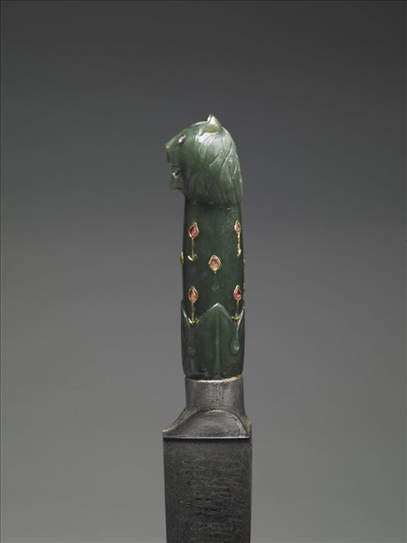 印度 蒙兀兒王朝 青綠玉鑲金嵌紅玻璃虎首短刀