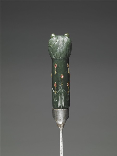 印度 蒙兀兒王朝 青綠玉鑲金嵌紅玻璃虎首短刀