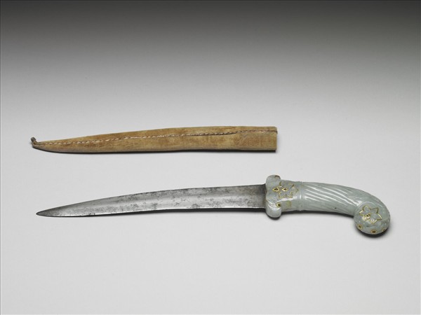 印度 蒙兀兒王朝 白玉柄鑲金嵌寶短劍