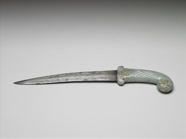 印度 蒙兀兒王朝 白玉柄鑲金嵌寶短劍