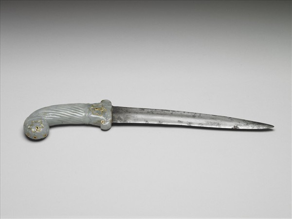 印度 蒙兀兒王朝 白玉柄鑲金嵌寶短劍