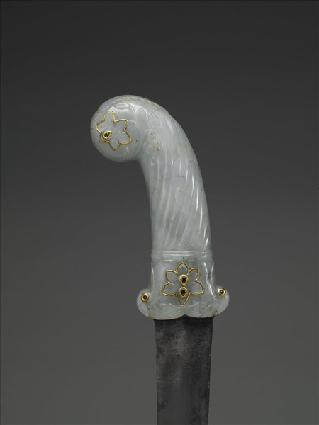 印度 蒙兀兒王朝 白玉柄鑲金嵌寶短劍