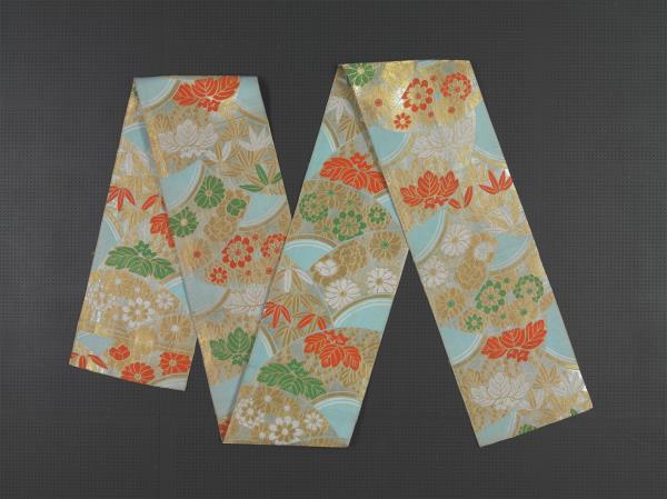 日本 水藍地扇面菊竹紋西陣織和服腰帶