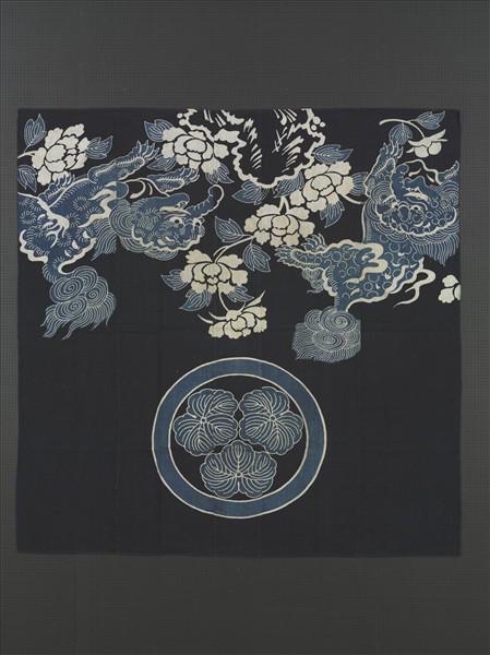 日本 紺地雙獏牡丹紋描染被套