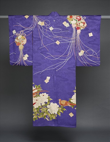 日本 紫地花鳥紋友禪染和服