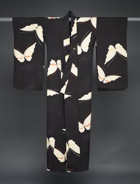日本 黑地蝴蝶紋友禪染和服