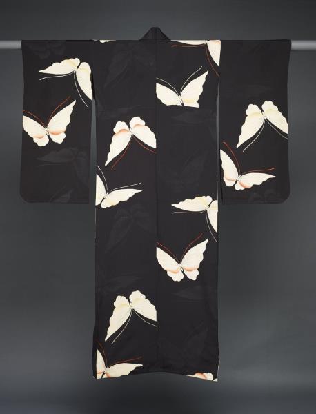 日本 黑地蝴蝶紋友禪染和服