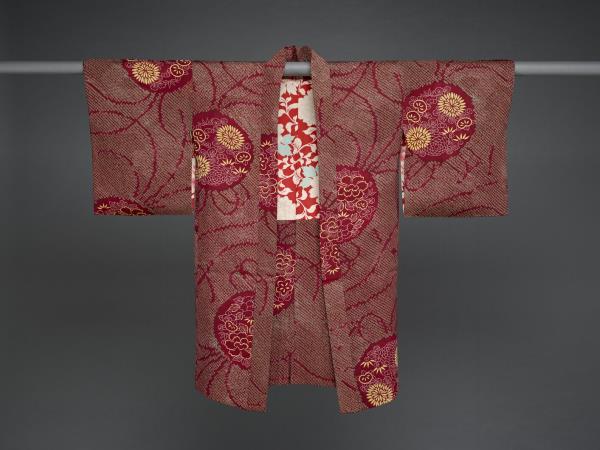 日本 紅地花卉團紋型染外套