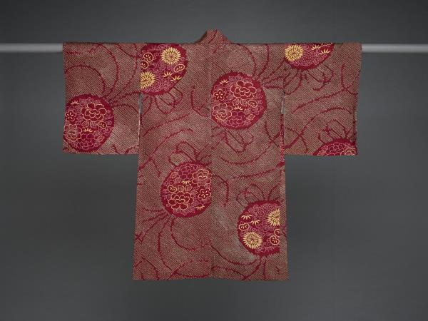 日本 紅地花卉團紋型染外套