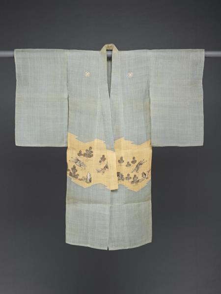 日本 水葱麻地松針山豬紋繪染小袖