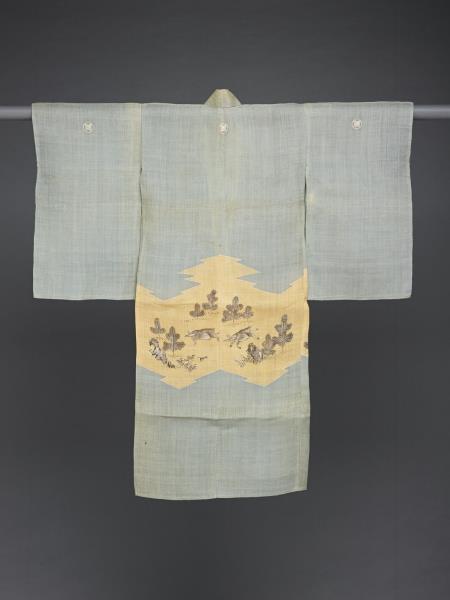 日本 水葱麻地松針山豬紋繪染小袖