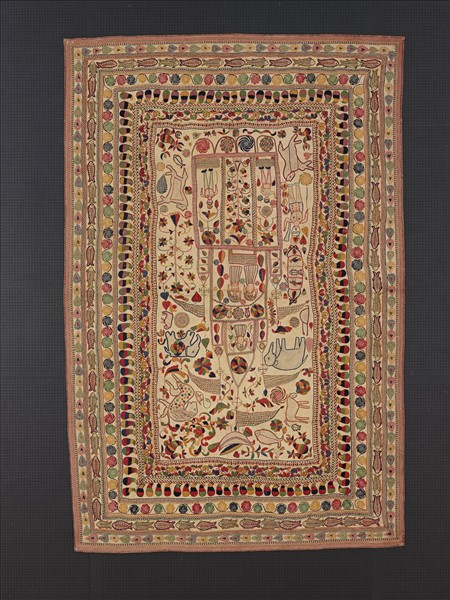 印度 白地人物刺繡被